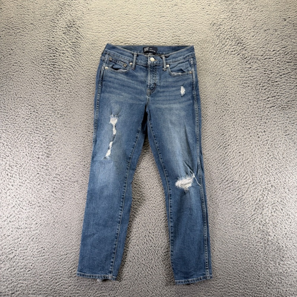 VTG Gap Jeans Womens 4 Blue Cotton Denim Cropped Slim Faded Distressed Stretch‎